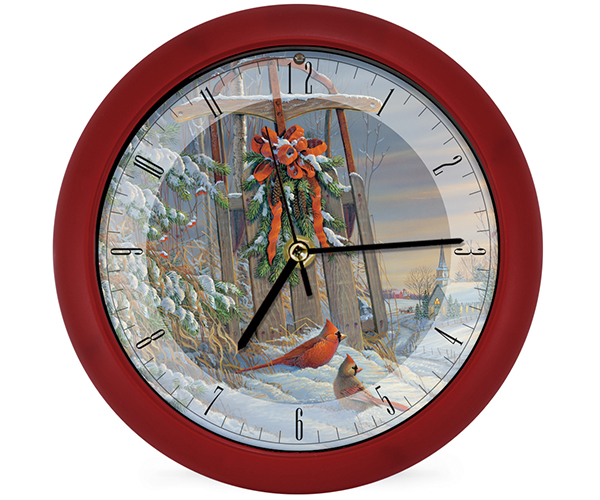 Holiday Wall Clock Sleigh Cardinals 8 inch with Sound