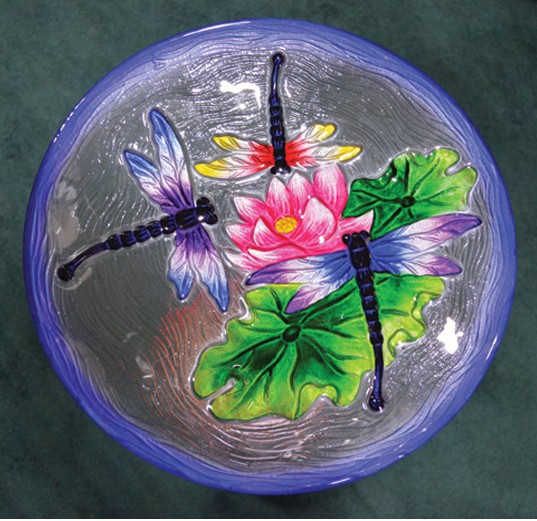 Embossed Glass Dragonfly Trio Birdbath