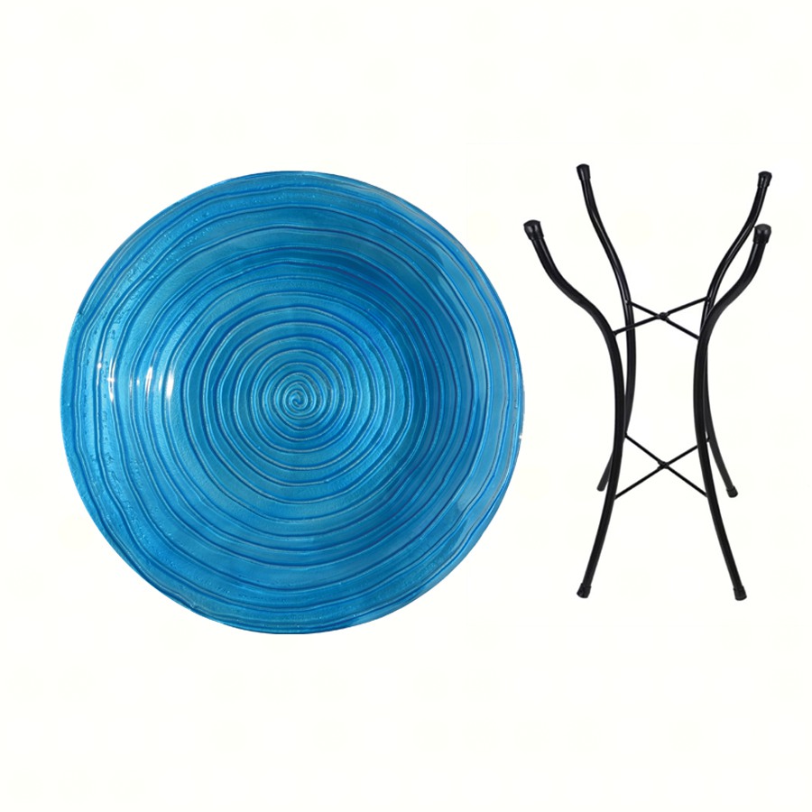 Blue Swirls Glass Birdbath with Stand